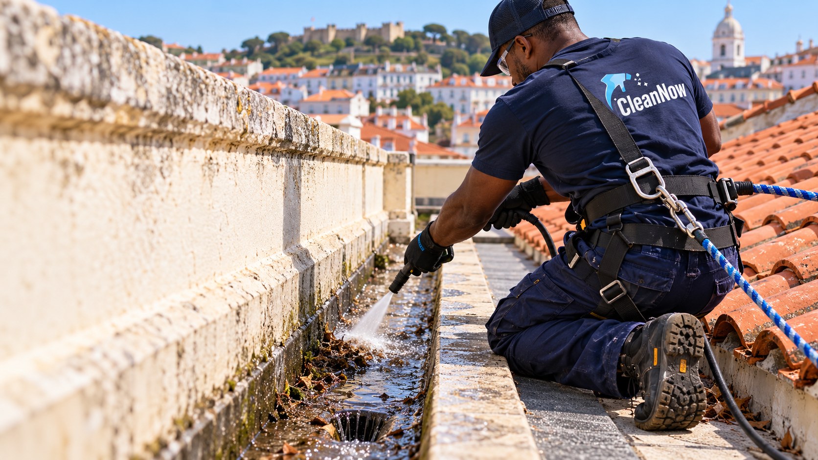 Gutter cleaning from the roof along a parapet wall — CleanNow illustrative image