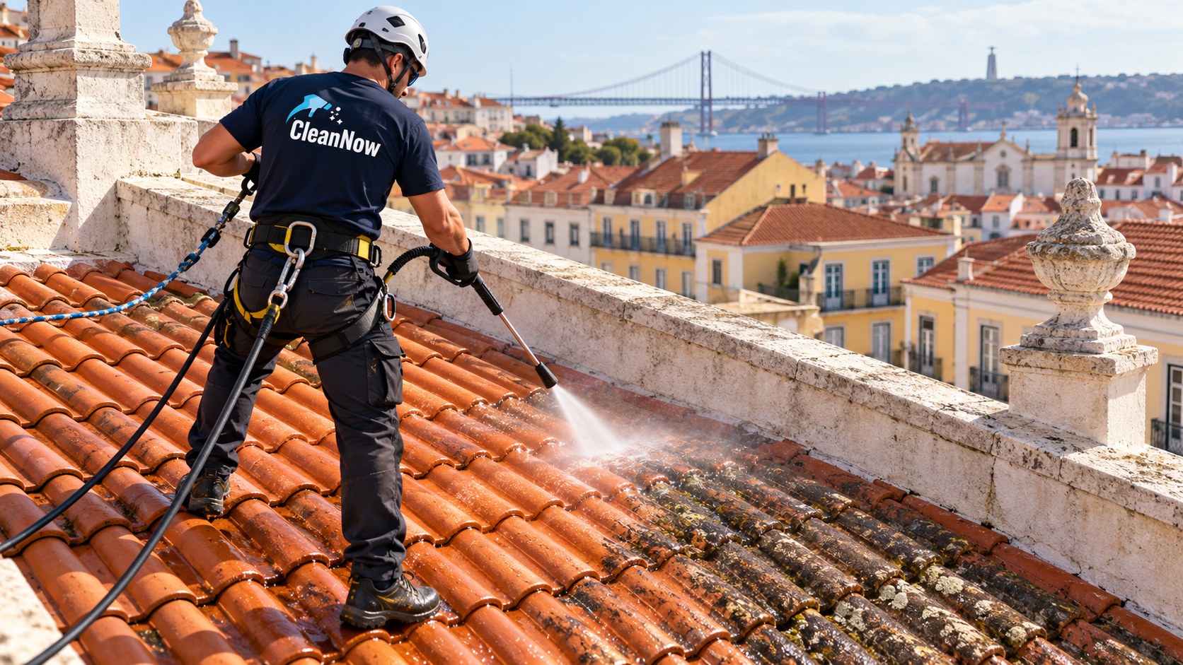Pressure washing on the roof of a Lisbon building with parapet walls — CleanNow illustrative image